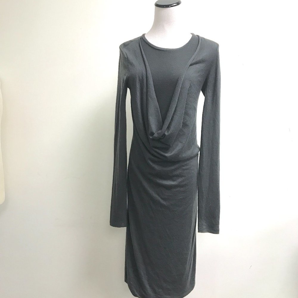 Max Mara gray 100% cashmere jersey knit midi dress long sleeve draped M vintage